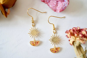 Real Pressed Flowers and Resin Drop Earrings, Gold Sun and Half Moon in Orange and Red