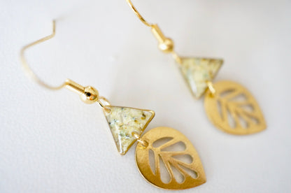 Real Pressed Flowers and Resin Drop Earrings, Gold Palm Leaf and Triangle in Yellow and Mint