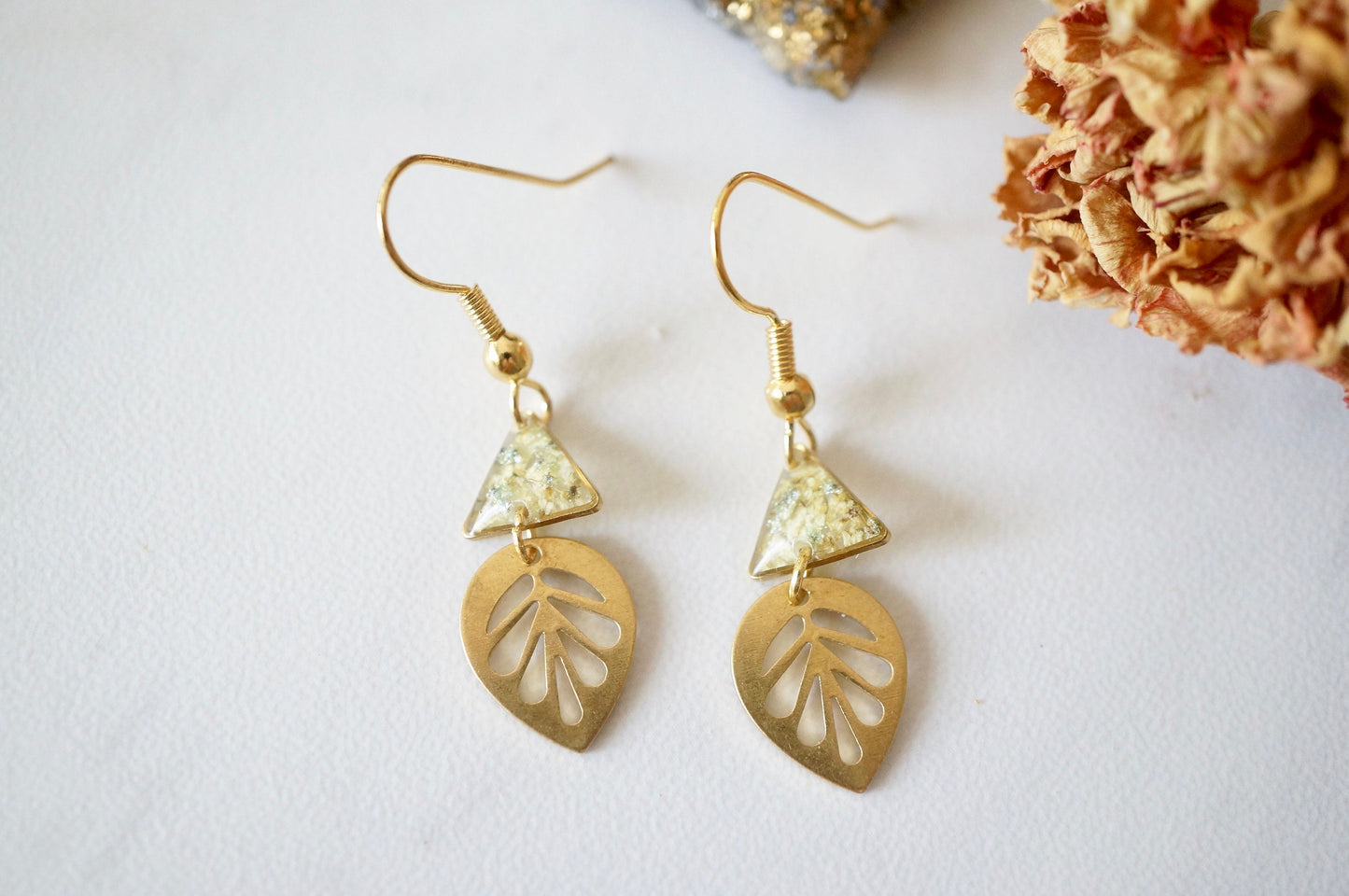 Real Pressed Flowers and Resin Drop Earrings, Gold Palm Leaf and Triangle in Yellow and Mint