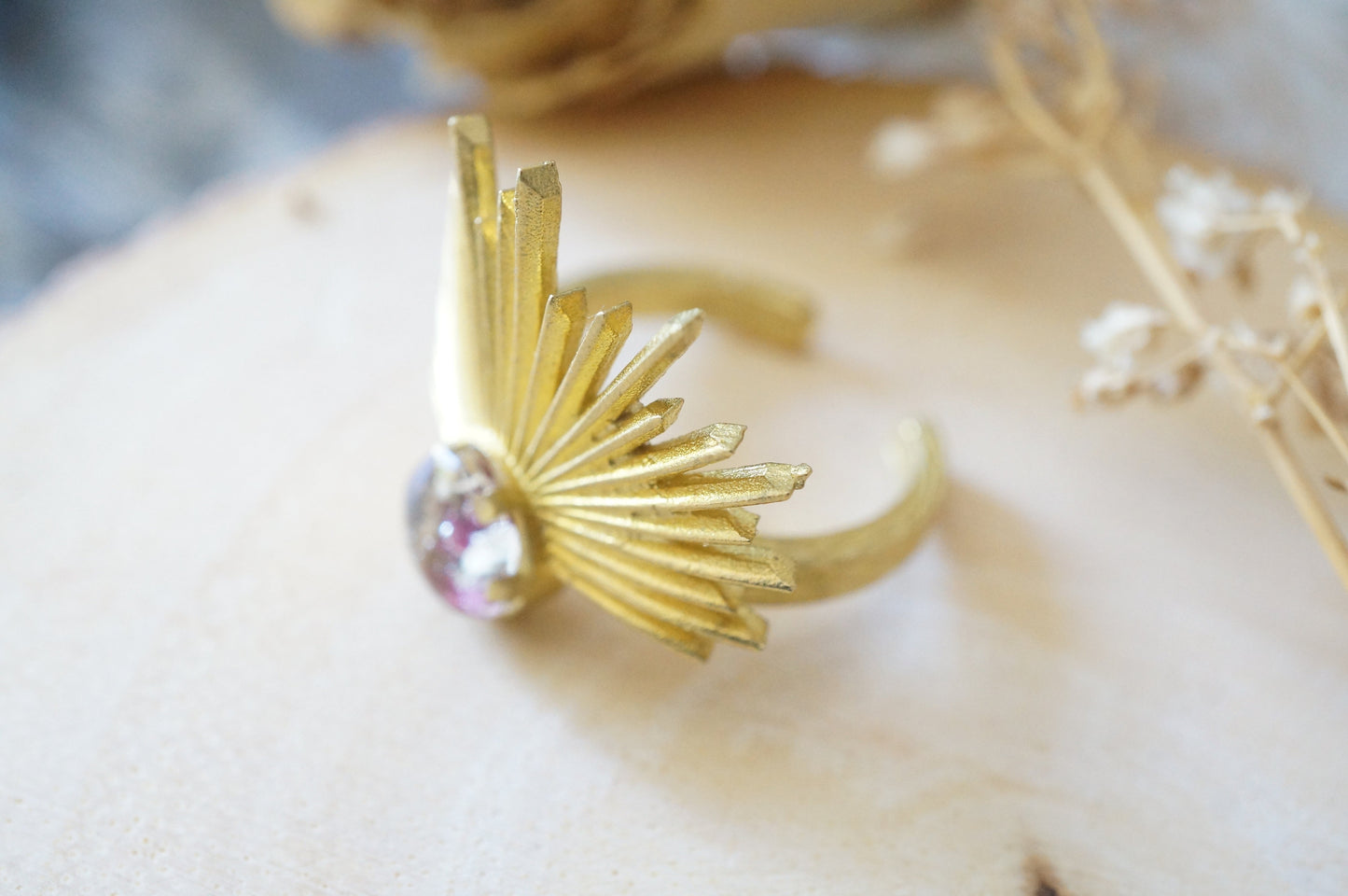 Real Pressed Flower and Resin Ring, Gold Half Sun in Burgundy and White