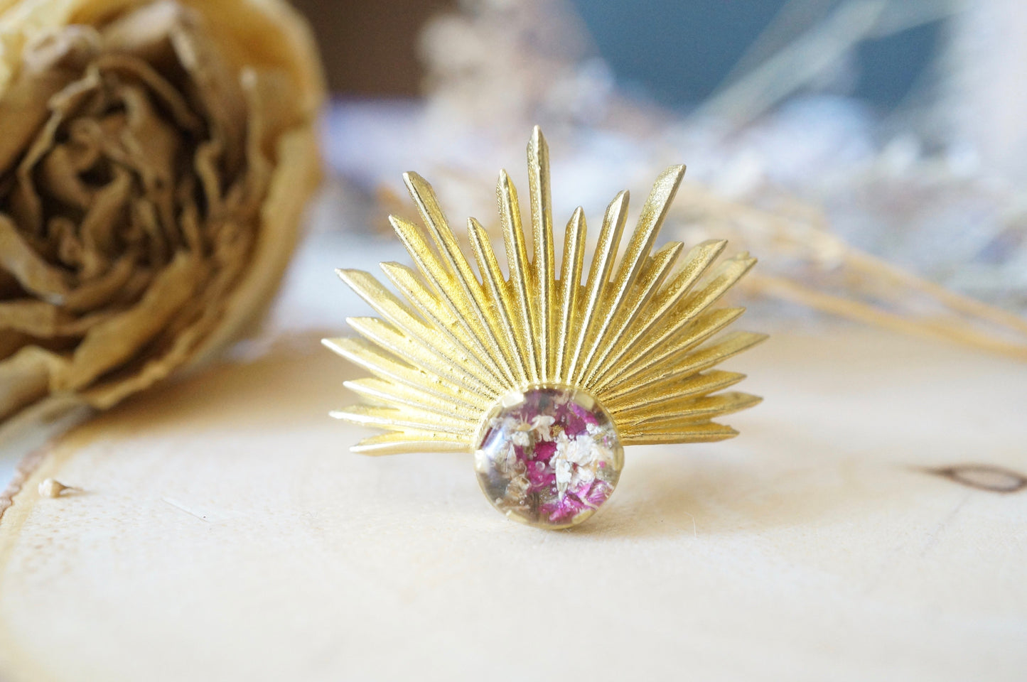 Real Pressed Flower and Resin Ring, Gold Half Sun in Burgundy and White