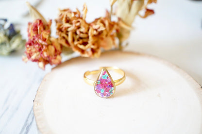 Real Pressed Flower and Resin Ring, Gold Teardrop in Burgundy Teal Purple