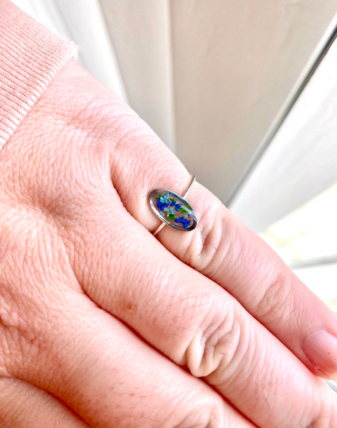 Real Pressed Flower and Resin Ring, Oval Silver Band in Blue Teal Green