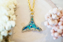 Real Pressed Flowers in Resin, Gold Whale Tail Necklace in Teal and Blue