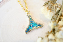 Real Pressed Flowers in Resin, Gold Whale Tail Necklace in Teal and Blue
