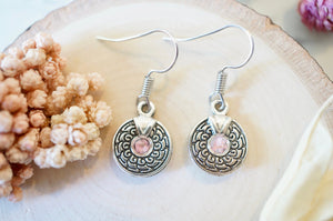 Real Pressed Flowers and Resin Drop Earrings, Silver Tribal Circle in Light Pink