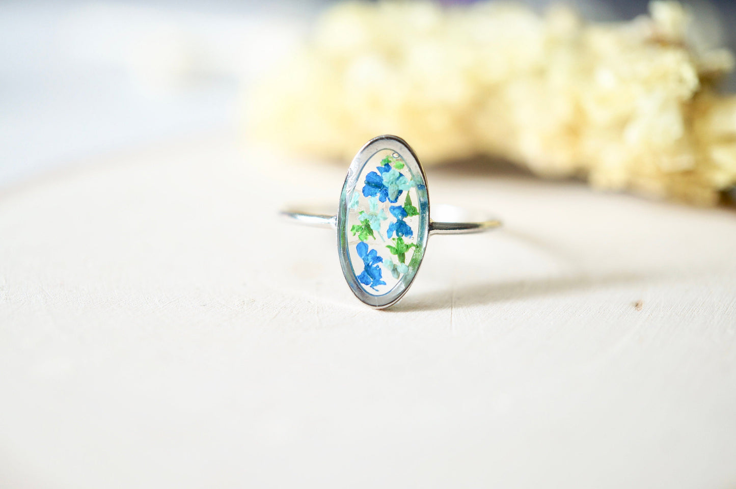 Real Pressed Flower and Resin Ring, Oval Silver Band in Blue Teal Green