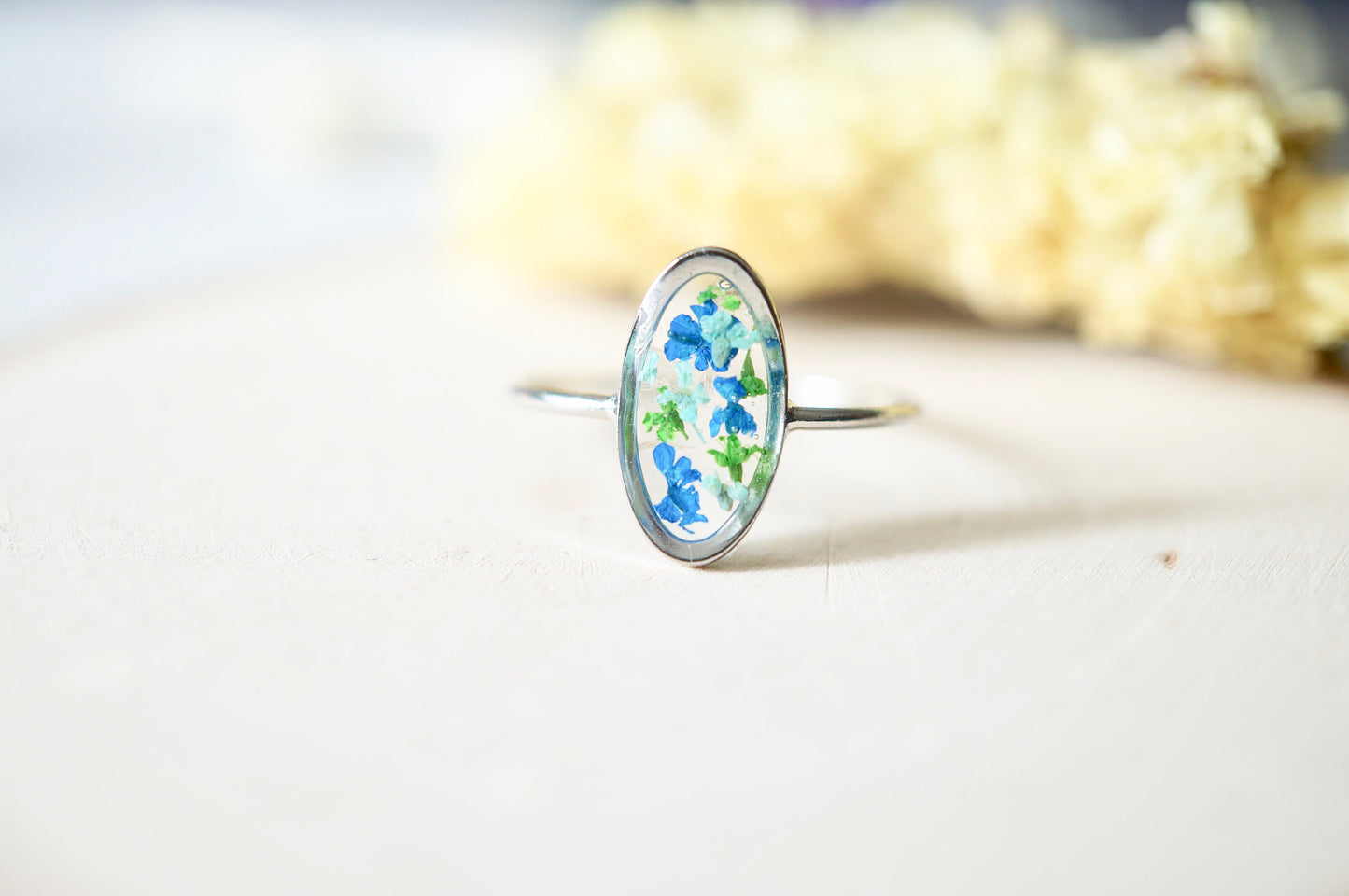 Real Pressed Flower and Resin Ring, Diamond Gold Band in Blue Teal Purple