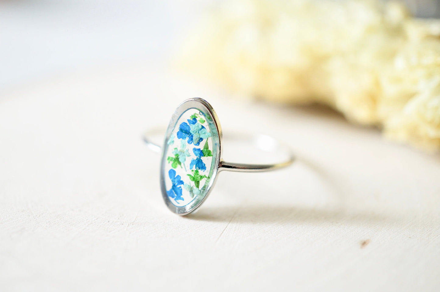 Real Pressed Flower and Resin Ring, Oval Silver Band in Blue Teal Green