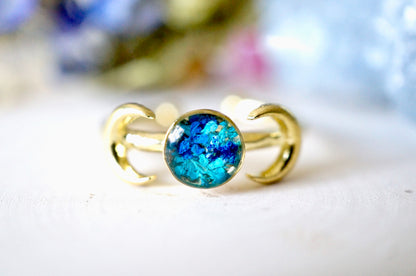 Real Pressed Flower and Resin Ring, Gold Moons in Blue and Teal