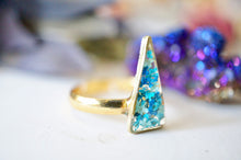 Real Pressed Flower and Resin Ring, Triangle Gold Band in Blue Teal Mint