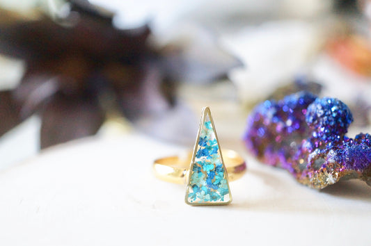 Real Pressed Flower and Resin Ring, Triangle Gold Band in Blue Teal Mint