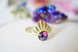Real Pressed Flower and Resin Ring, Gold Half Sun in Pink Flowers and Purple Glass Glitter