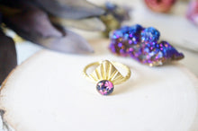 Real Pressed Flower and Resin Ring, Gold Half Sun in Pink Flowers and Purple Glass Glitter