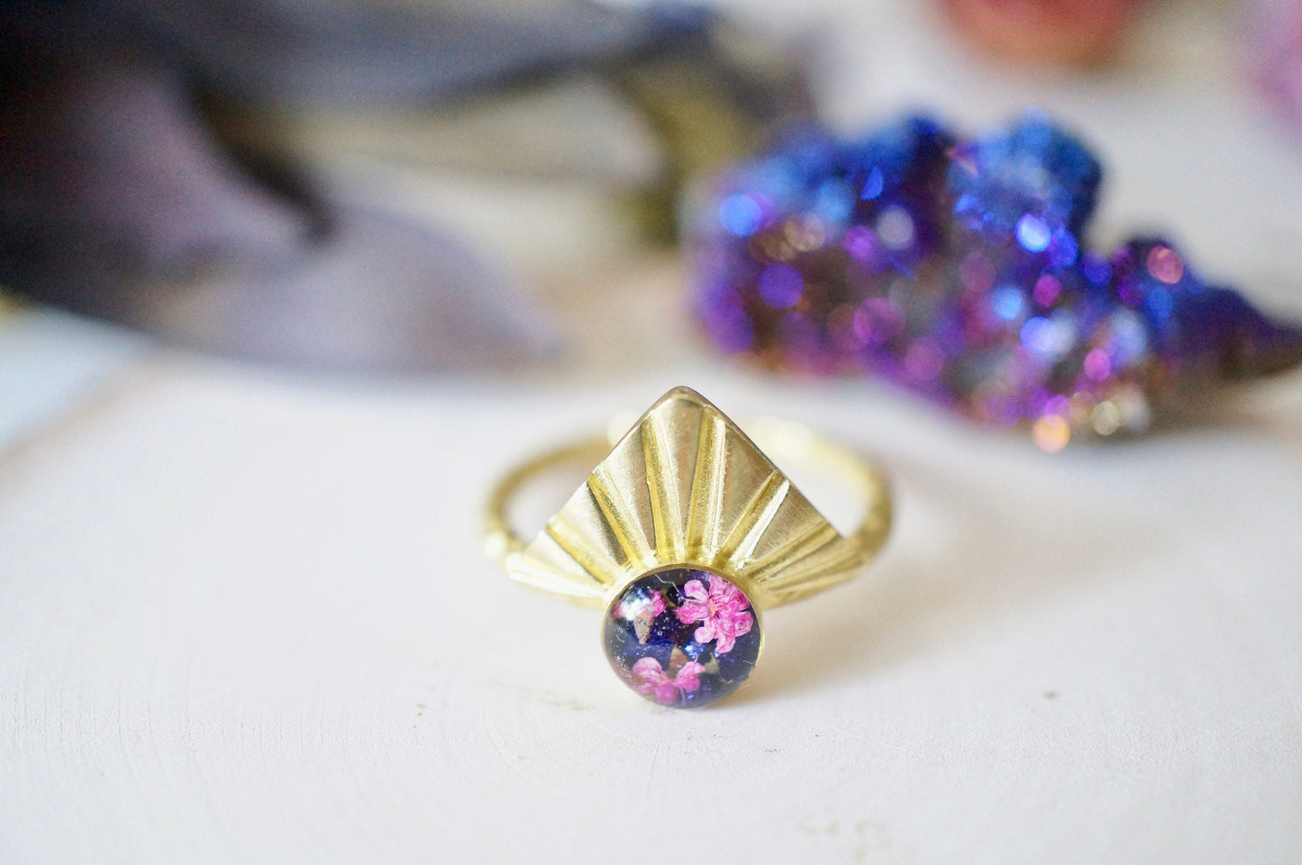 Real Pressed Flower and Resin Ring, Gold Half Sun in Pink Flowers and Purple Glass Glitter