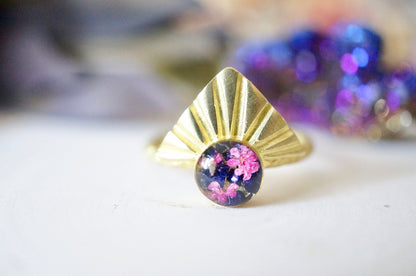 Real Pressed Flower and Resin Ring, Gold Half Sun in Pink Flowers and Purple Glass Glitter