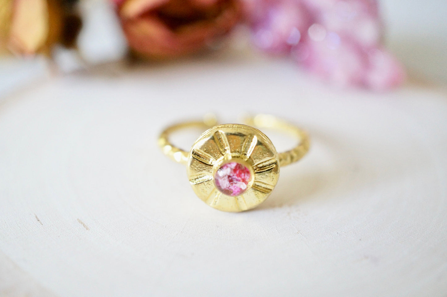 Real Pressed Flower and Resin Ring, Small Gold Sun in Pinks