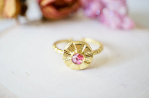 Real Pressed Flower and Resin Ring, Small Gold Sun in Pinks