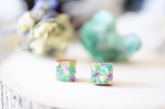 Real Pressed Flowers and Resin on Wood Stud Earrings in Green Teal Purple