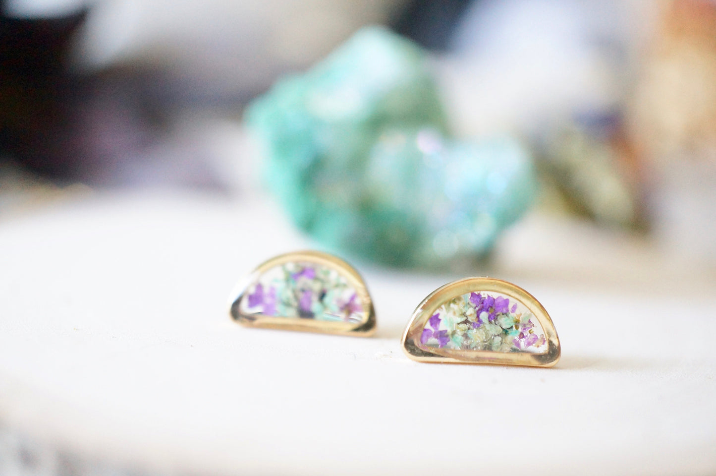 Real Pressed Flowers and Resin, Gold Half Moon Stud Earrings in Mint and Purple