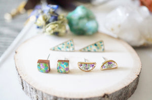 Real Pressed Flowers and Resin, Gold Half Moon Stud Earrings in Mint and Purple