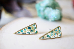 Real Pressed Flowers and Resin, Gold Triangle Stud Earrings in Light Yellow and Teal Glass Glitter
