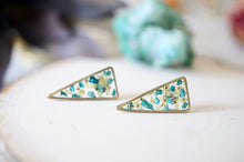 Real Pressed Flowers and Resin, Gold Triangle Stud Earrings in Light Yellow and Teal Glass Glitter