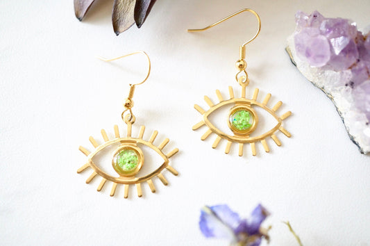 Real Pressed Flowers and Resin Drop Earrings, Gold Eyes in Green