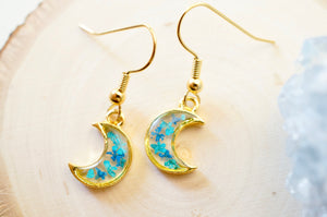 Real Pressed Flowers and Resin Drop Earrings, Gold Moons in Teal and Blue