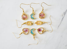 Real Pressed Flowers Earrings, Gold Heart Drops in Purple