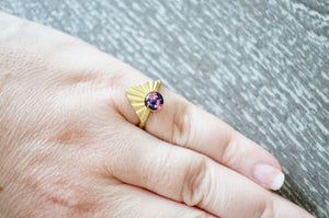 Real Pressed Flower and Resin Ring, Gold Half Sun in Pink Flowers and Purple Glass Glitter