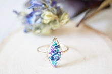 Real Pressed Flower and Resin Ring, Diamond Gold Band in Blue Teal Purple