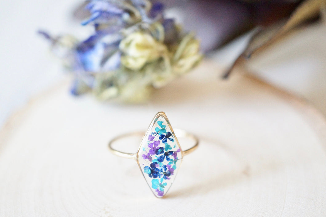 Real Pressed Flower and Resin Ring, Diamond Gold Band in Blue Teal Purple