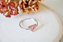 Real Pressed Flower and Resin Ring, Triangle Silver Band in Burgundy and Red