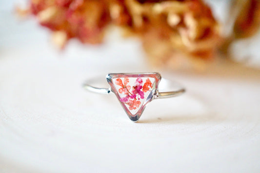 Real Pressed Flower and Resin Ring, Triangle Silver Band in Burgundy and Red