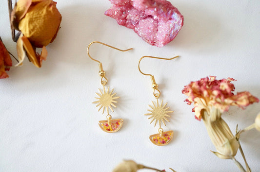 Real Pressed Flowers and Resin Drop Earrings, Gold Sun and Half Moon in Orange and Red