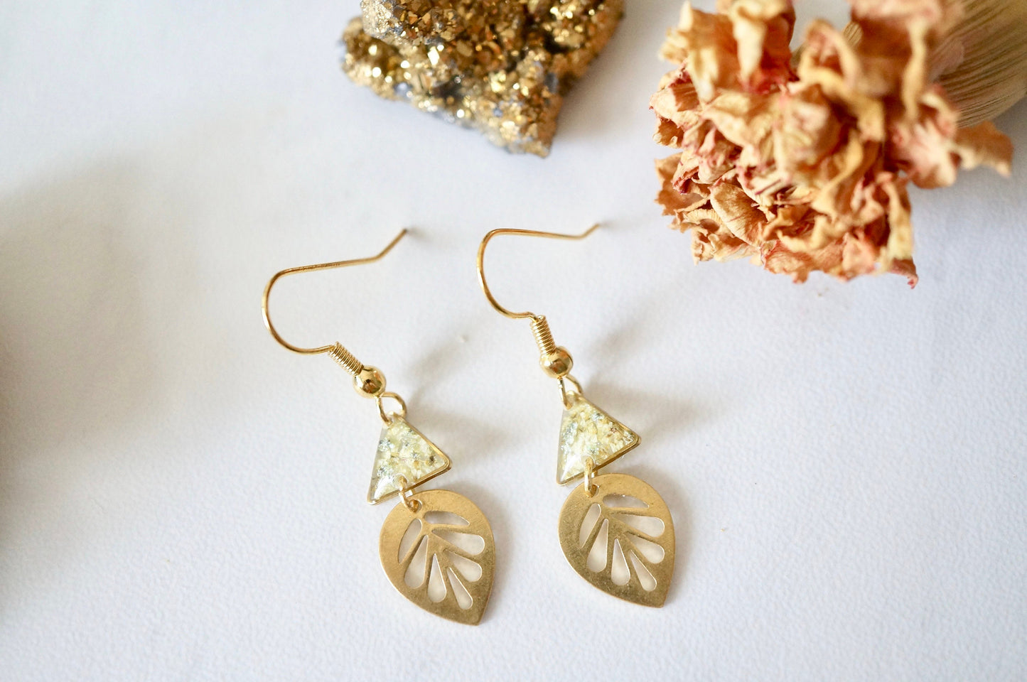 Real Pressed Flowers and Resin Drop Earrings, Gold Palm Leaf and Triangle in Yellow and Mint