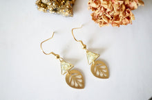 Real Pressed Flowers and Resin Drop Earrings, Gold Palm Leaf and Triangle in Yellow and Mint