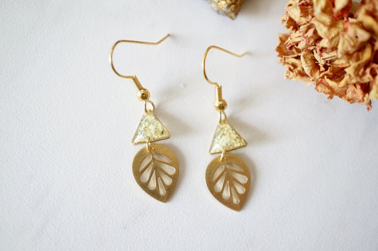 Real Pressed Flowers and Resin Drop Earrings, Gold Palm Leaf and Triangle in Yellow and Mint