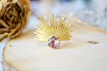 Real Pressed Flower and Resin Ring, Gold Half Sun in Burgundy and White