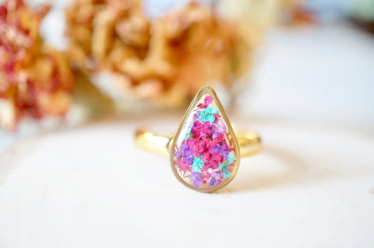 Real Pressed Flower and Resin Ring, Gold Teardrop in Burgundy Teal Purple