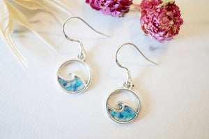 Real Pressed Flowers and Resin Dangle Earrings, Small Silver Waves in Teal and Blue
