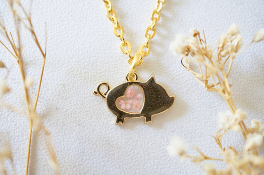 Real Pressed Flowers in Resin, Gold Pig Necklace in Light Pink