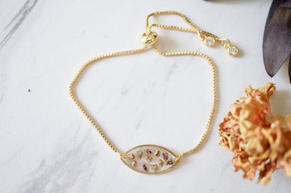 Real Pressed Flowers and Resin Adjustable Bracelet, Gold Oval with Heather Flowers