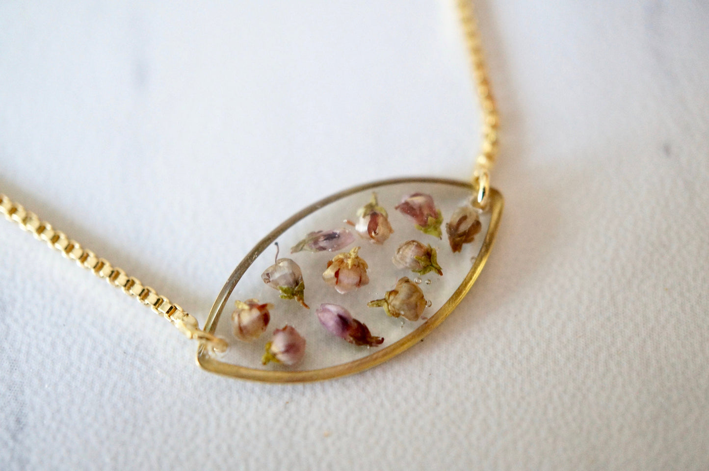 Real Pressed Flowers and Resin Adjustable Bracelet, Gold Oval with Heather Flowers