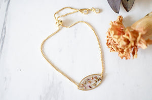 Real Pressed Flowers and Resin Adjustable Bracelet, Gold Oval with Heather Flowers