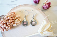 Real Pressed Flowers and Resin Drop Earrings, Silver Tribal Circle in Light Pink