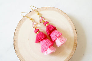 Real Pressed Flowers and Resin Dangle Earrings, Gold and Pink Tassels with Pink Flowers