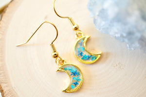 Real Pressed Flowers and Resin Drop Earrings, Gold Moons in Teal and Blue
