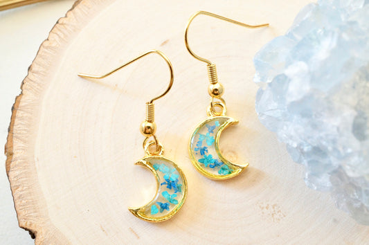 Real Pressed Flowers and Resin Drop Earrings, Gold Moons in Teal and Blue